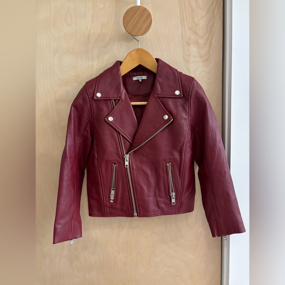 GANNI burgundy leather biker jacket XS
